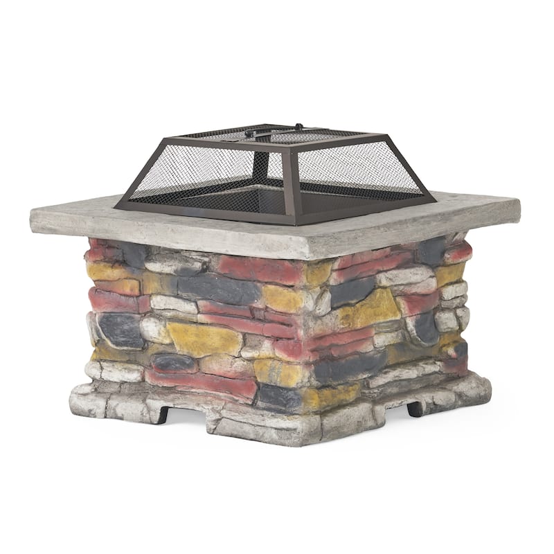 Roomfitters Outdoor Stone Finish Fire Pit with Mesh Screen, Heavy-Duty Fire Bowl, Perfect for Patio, Deck, and Garden Gatherings