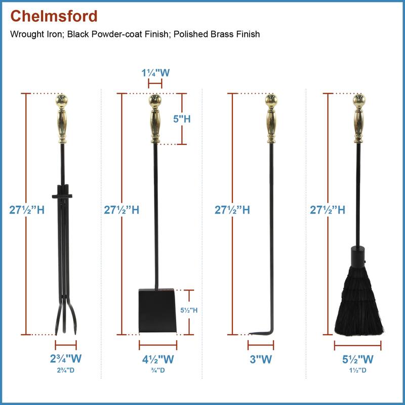 Achla Designs Chelmsford Fireplace Set of 4 Tools, 30.25 Inch Tall, Antique Brass and Black