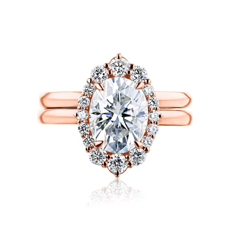 Kobelli August Collection 2.5 Carat Moissanite & Diamond 14k Solid Gold Oval Rococo Halo Plain Bands Ophelia 2pc Bridal Set - 6 - Rose