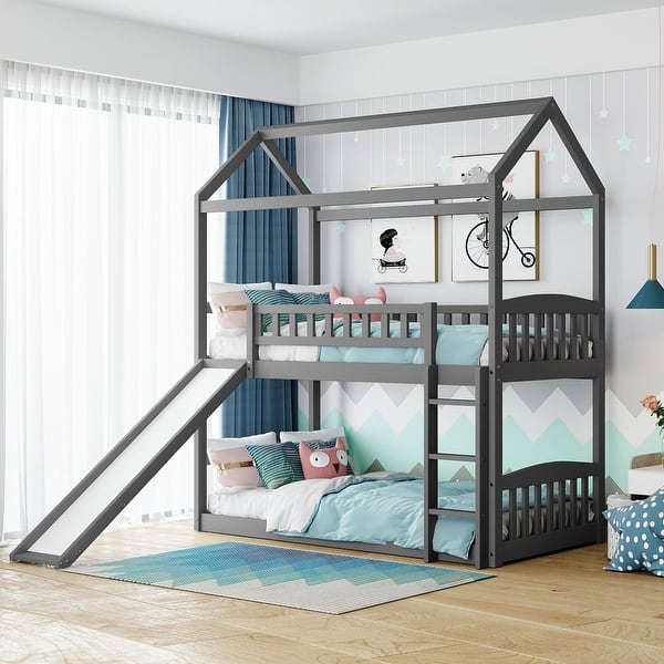 slide 2 of 17, Stylish Twin Over Twin Bunk Bed with Slide and Ladder, Sturdy Pine Frame, and Full-Length Guardrails for Kids' Rooms Gray