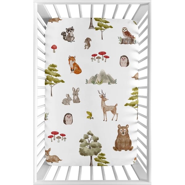 slide 2 of 6, Sweet Jojo Designs Woodland Forest Animals Boy Girl Gender Neutral Unisex Fitted Mini Portable Crib Sheet Friends Bear Fox Deer