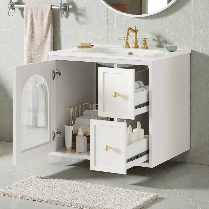 24 Inch Wall Mounted Bathroom Vanity with Ceramic Sink, Small Space Vanity Cabinet with Drawers and Door