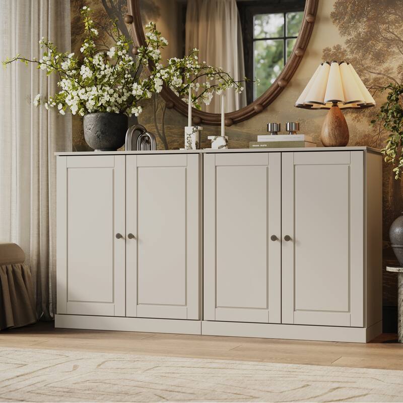 100% Solid Wood Sideboard Buffet Cabinet with Doors, Dining Room Credenza Storage Cabinet, 64" W x 35.75" H - Off White