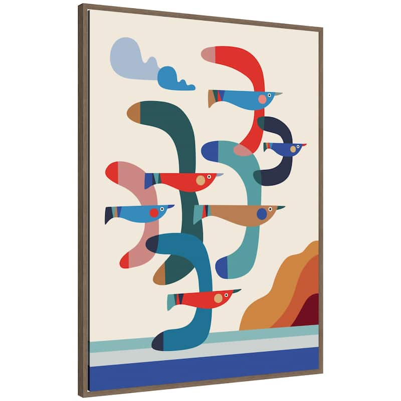 Kate and Laurel Seagulls Coastal Vibes by Rachel Lee Framed Canvas Wall Art Print - 28 x 38 - Brown