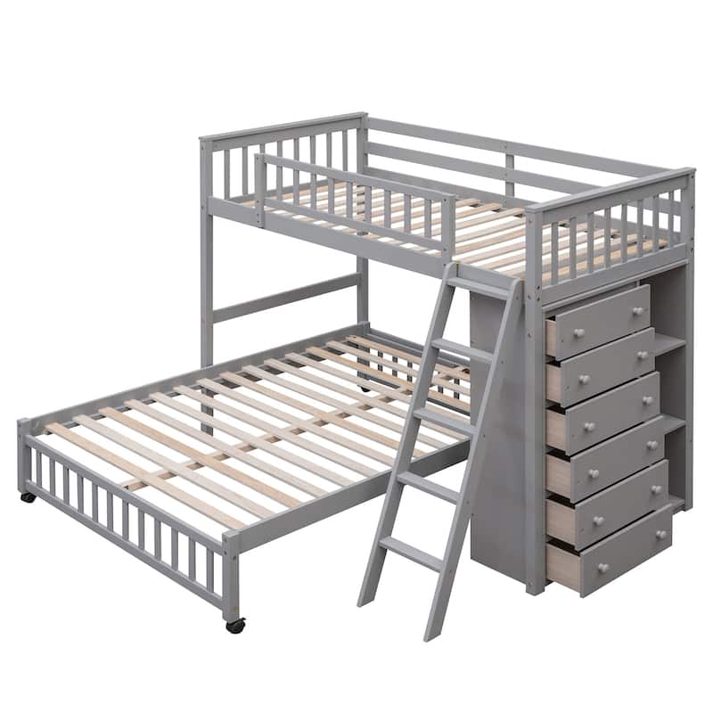 HomeRoots Gray Twin Over Full Solid Wood Bunk Bed With Drawers And Storage