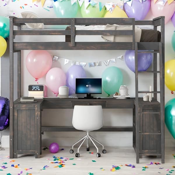 slide 2 of 8, Twin Size Loft Bed with U-shaped Desk,Drawers and Storage Shelves and Sturdy Wood Frame for Bedroom Antique Brown