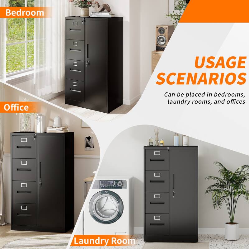 Metal Storage Vertical Filing Cabinet with Lock, Steel File Locker with 4 Drawers and 1 door for School, Living Room
