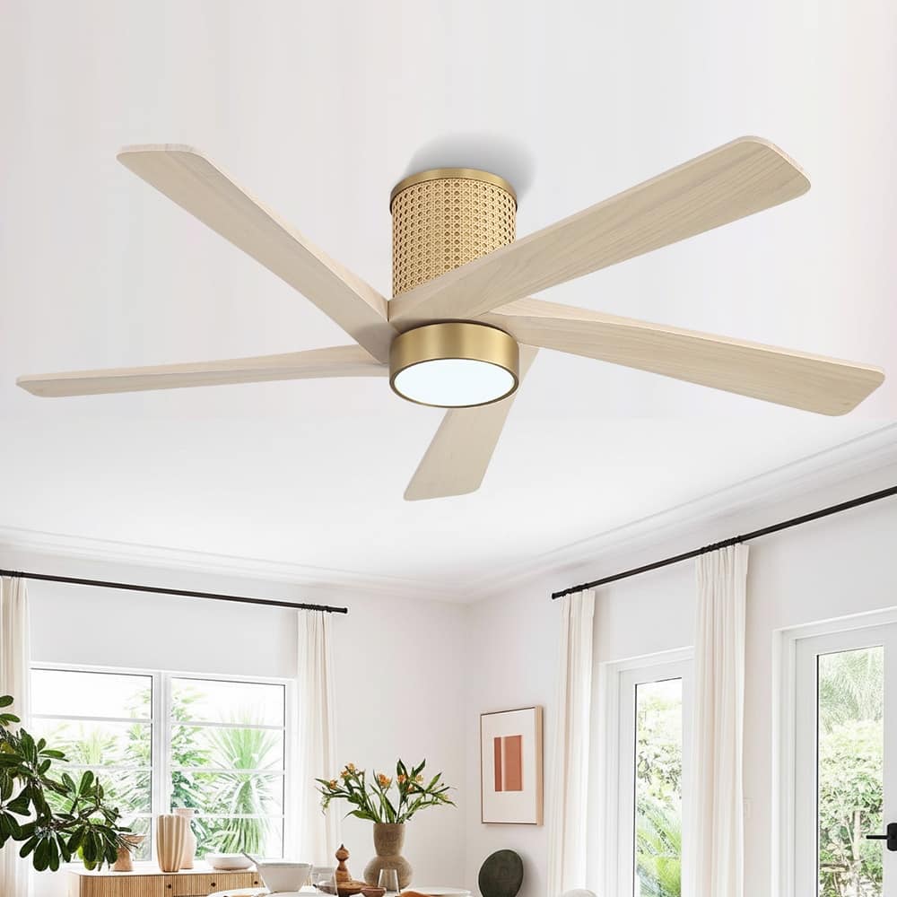 MLiAN 5 Solid Wood Blades DC Motor Indoor Downrod Flush Mount Ceiling Fan Remote Integrated LED