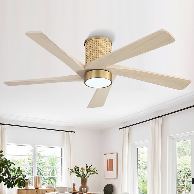MLiAN 5 Solid Wood Blades DC Motor Indoor Downrod Flush Mount Ceiling Fan Remote Integrated LED - NAB Gold/Wax Color - 48''