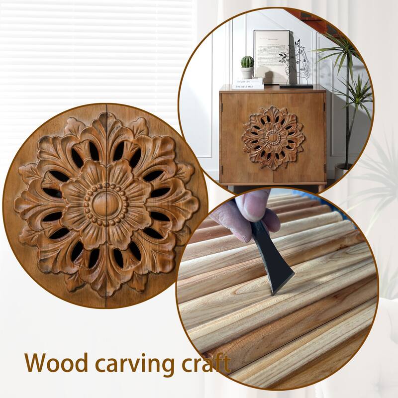 Rustic Hand-Carved Wooden Cabinet with Floral Doors, Boho 2-Door Accent Storage Sideboard for Living Room or Entryway