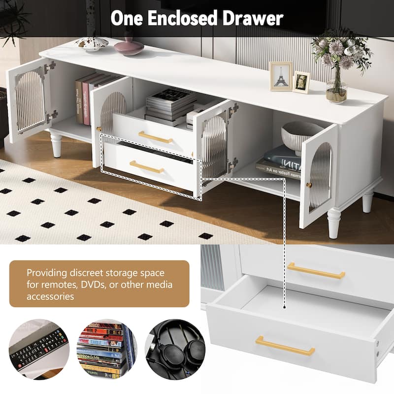 68.9" Vintage-Style TV Stand – Entertainment Center with Fluted Glass Doors & Five Solid Wood Legs, Supports TVs Up to 75"
