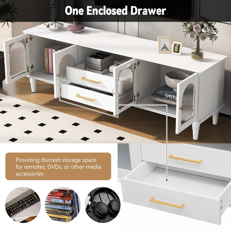 69" Retro-Modern TV Console with Fluted Glass Cabinet Doors, Roman Column Legs & Drawers, Fits TVs up to 75"