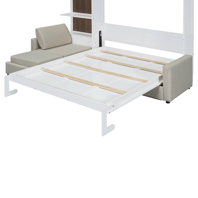 Linen L-shaped Sectional Sofa & Queen Size Foldable Wall Murphy Bed Set with Open Shelves for Guest Room or Living Space