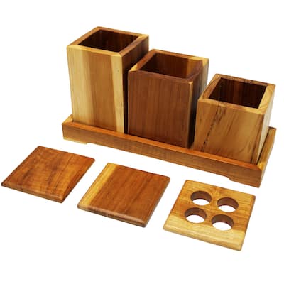7 Piece Teak Wood Bathroom Amenities Set with Tray