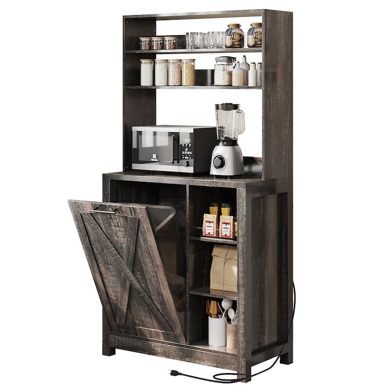 Moasis 6-Tier Bakers Rack Cabinet with Microwave Stand and Trash Can Bin, Coffee Bar Table Station with Power Outlets - Rustic Oak