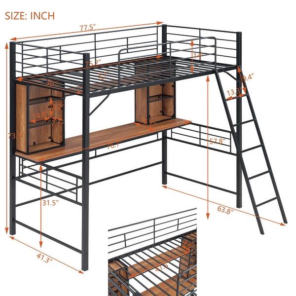 dimension image slide 1 of 4, Space-Saving Metal Loft Bed with Desk and Storage Shelves