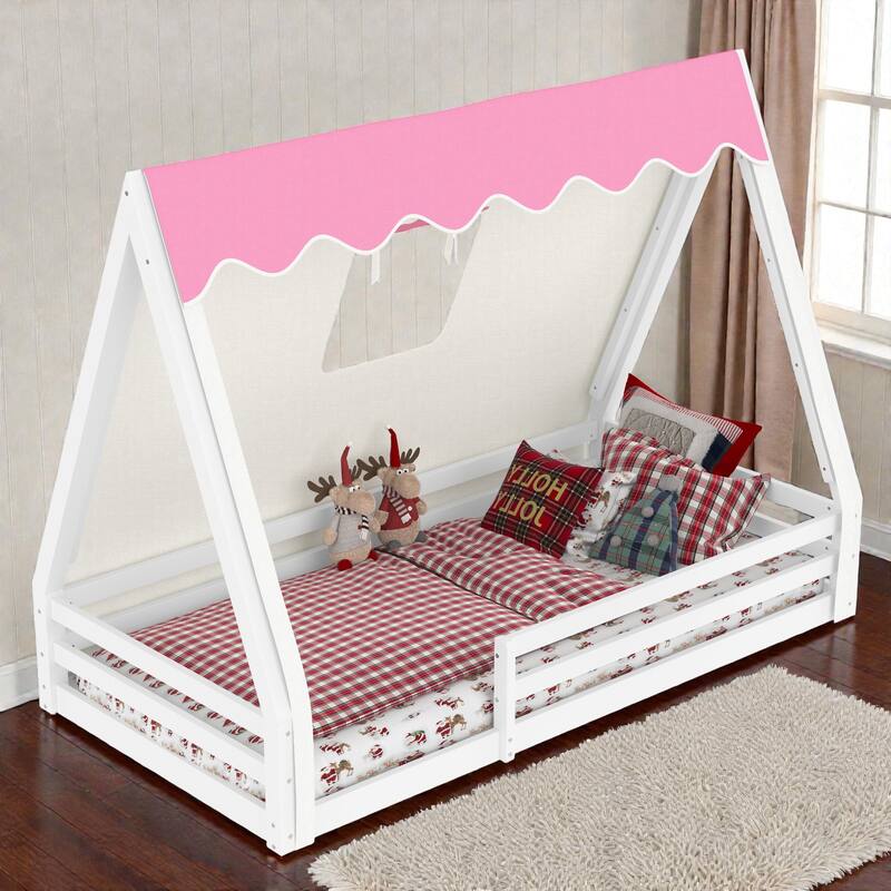 Montessori House Floor Bed with Tent and Lights, Solid Wood Teepee Bed with Guardrails, Twin/Full Kids Bed Frame