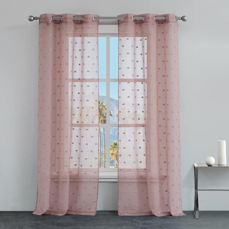 Juicy Couture Evelyn Sheer Pom Pom Embroidered Grommet Window Curtain Panel Pair.