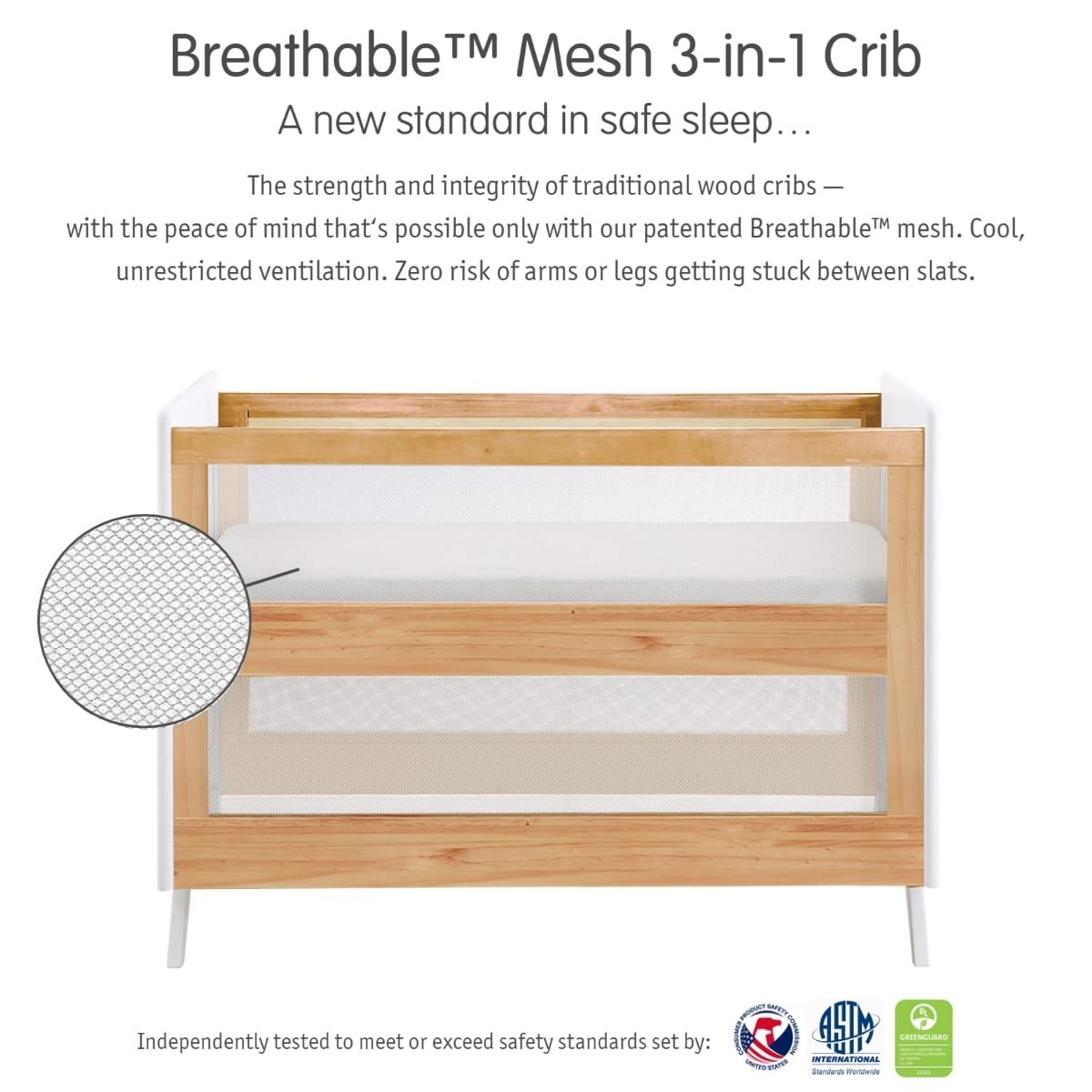 BreathableBaby Breathable Mesh 3 in 1 Convertible Crib Greenguard