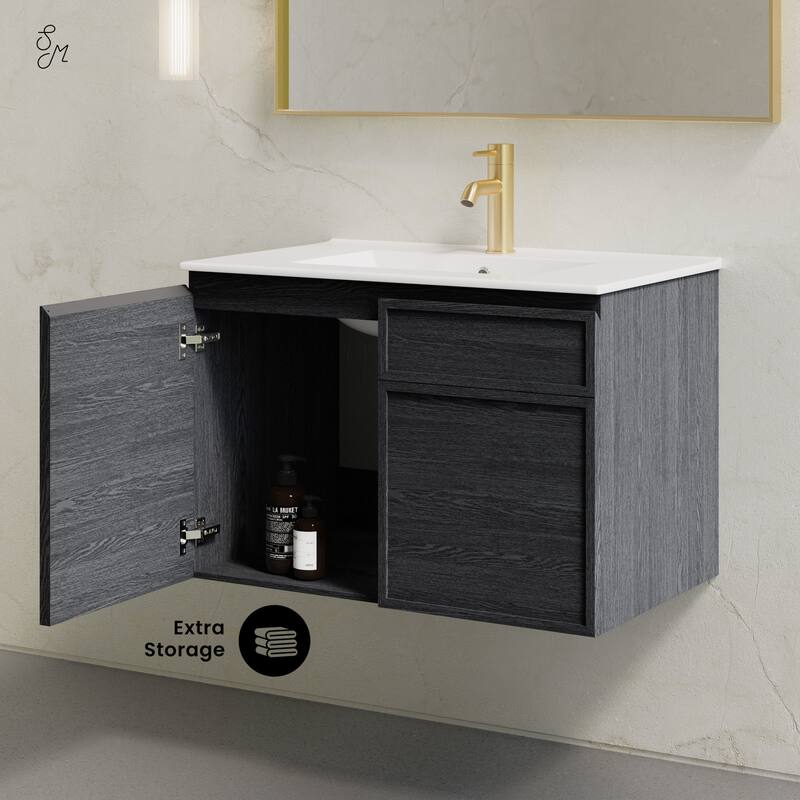 St. Tropez 30" Wall-Mounted Bathroom Vanity In Black Oak With Sink Top - 30