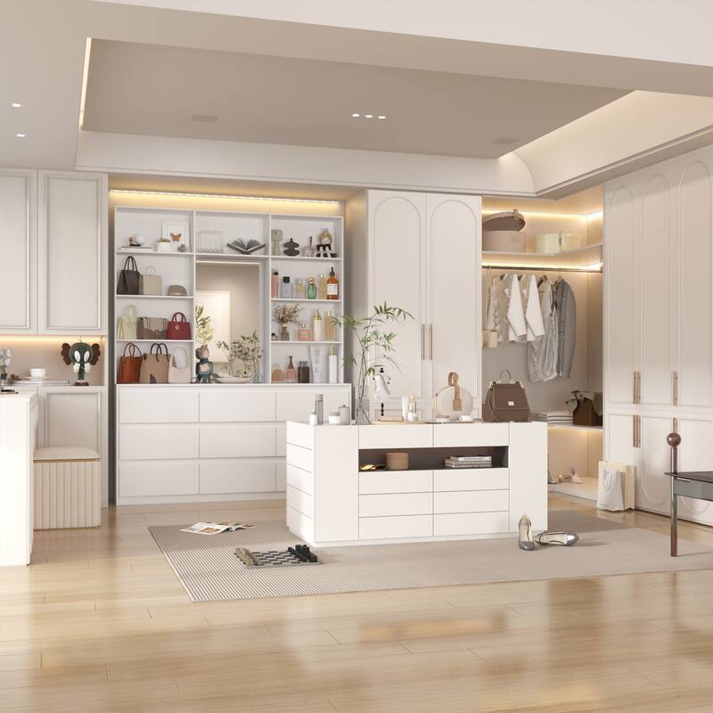 Chest White Storage Cabinet w/Mirror for Bedroom, Dresser Shelving Unit