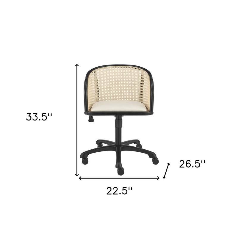 Beige and Black Solid Wood Steel And Cane Rattan Adjustable Swivel Rolling Office Chair - 22.5' X '33.5' X '26.5