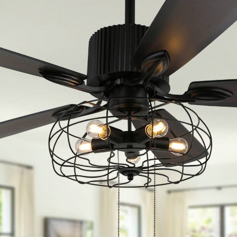 Cusp Barn Industrial Ceiling Fan Black Caged Chandelier Fan with Remote and 5 Wooden Reversible Blades for Kitchen - Black 52In