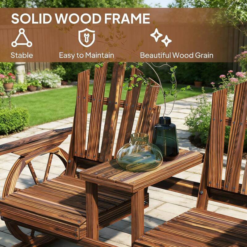 GDFStudio Outdoor Rhiannon Fir Wood Wagon Wheel Garden Bench with Center Table and Parasol Hole