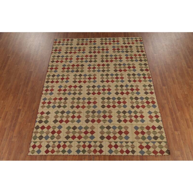 Geometric Kilim Oriental Area Rug Flatweave Beige / Ivory Wool Carpet - 7'8"x 10'0"