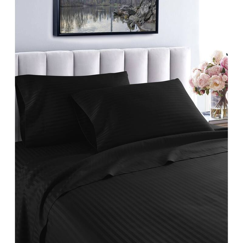 Striped 1200 TC Egyptian Cotton Deep Pocket Bed Sheet Set - Black - Full