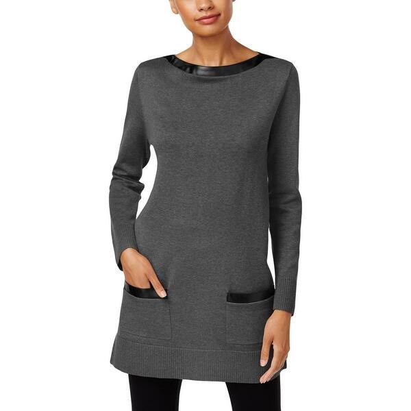 Shop Jeanne Pierre Womens Tunic Sweater Faux Leather Trim Long