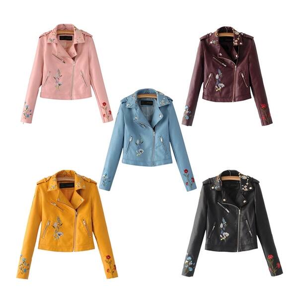 Shop Embroidery Faux Leather Jacket Motorcycle Zipper Wine Red
