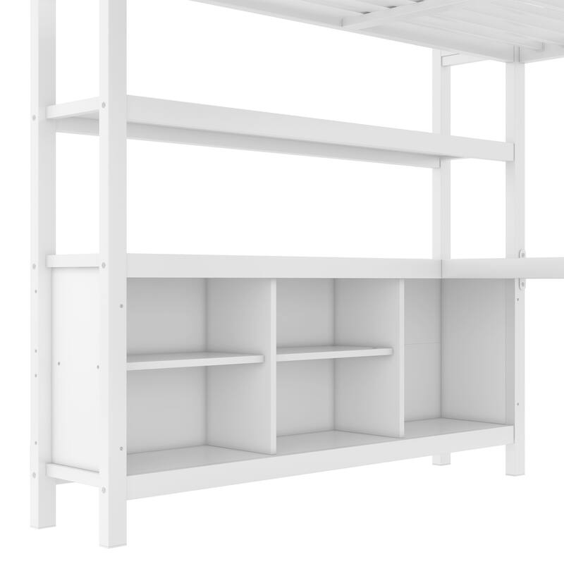 Roomfitters Queen Size Metal Loft Bed with L-Shaped Desk, Wardrobe, Storage Cubes & Shelves, Heavy-Duty Frame