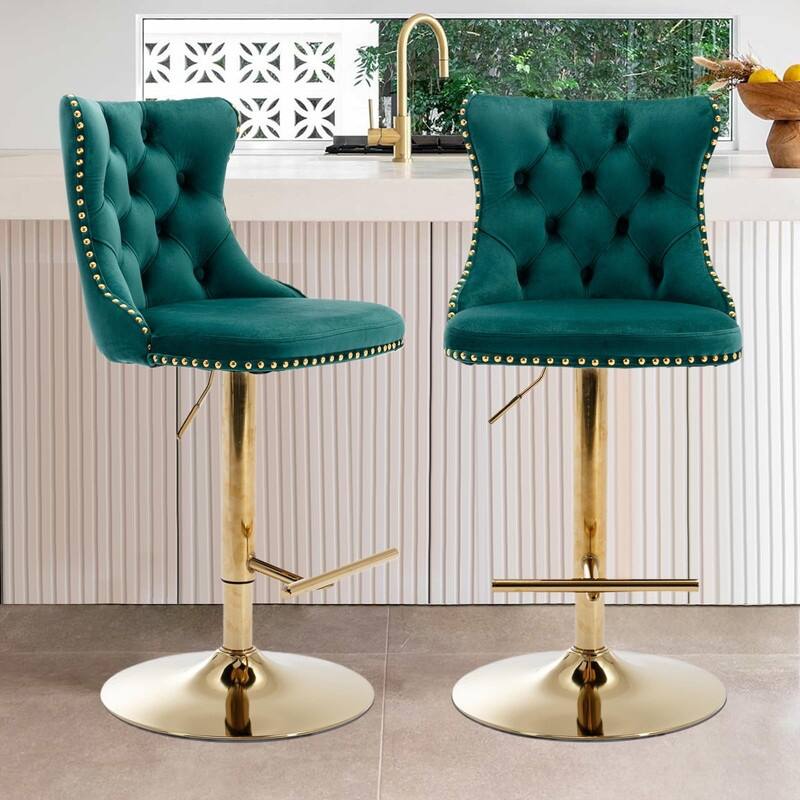 Velvet Upholstered Nailheads Tufted Swivel Bar Stools (Set of 2) - Green GoldBase