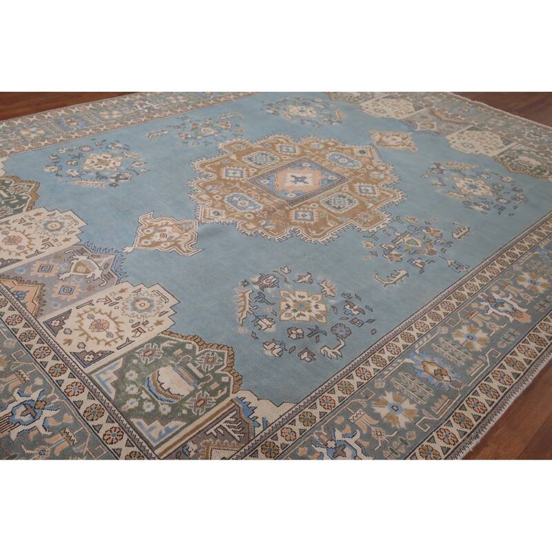 Light Blue Geometric Tabriz Persian Vintage Rug Handmade Wool Carpet - 9'7"x 12'8"