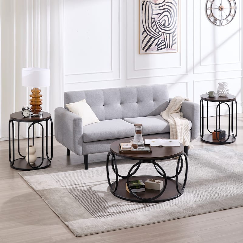 2-Tier Round Industrial Coffee Table with Metal Frame - 31.5"Dia x 18.7"H