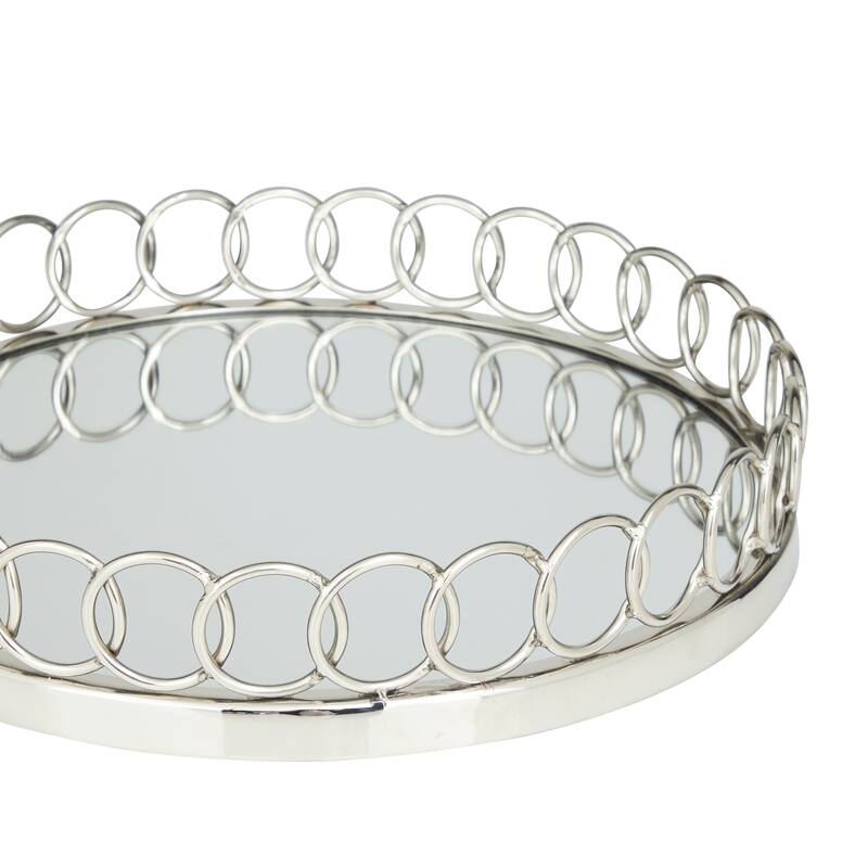 Silver Stainless Steel Metal Mirrored Tray with Circle Patterned Sides (Set of 2) - 16", 14"W
