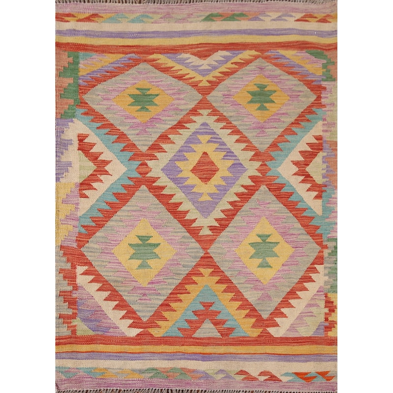 Reversible Multicolor Kilim Rug Flatweave Wool Carpet - 3'6"x 4'9"