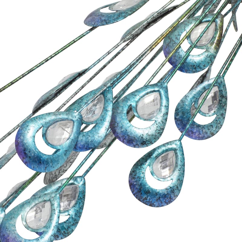 Metal Peacock Indoor Outdoor Decorative Garden Sculpture with Crystal Accents - Teal - Roche River Decor
