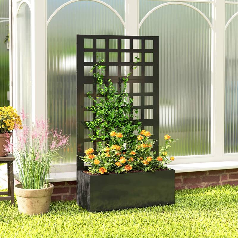 Outsunny Galvanized Raised Garden Bed with Trellis, Metal Planter Box with Drainage Holes