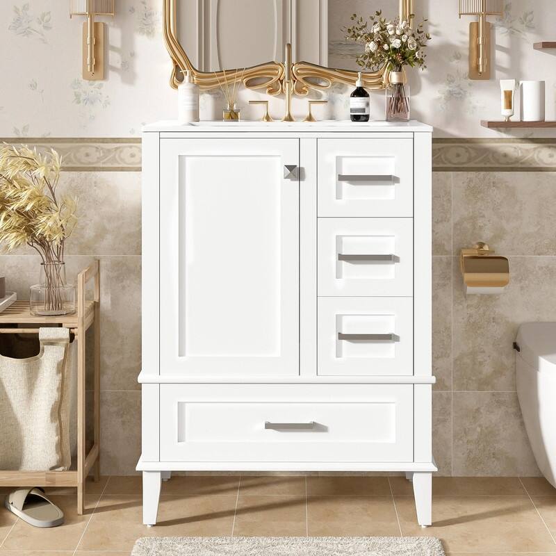 24.8" Bathroom Vanity with Ceramic Sink, Modern Freestanding Cabinet with Soft-Close Door and 3 Storage Drawers - White