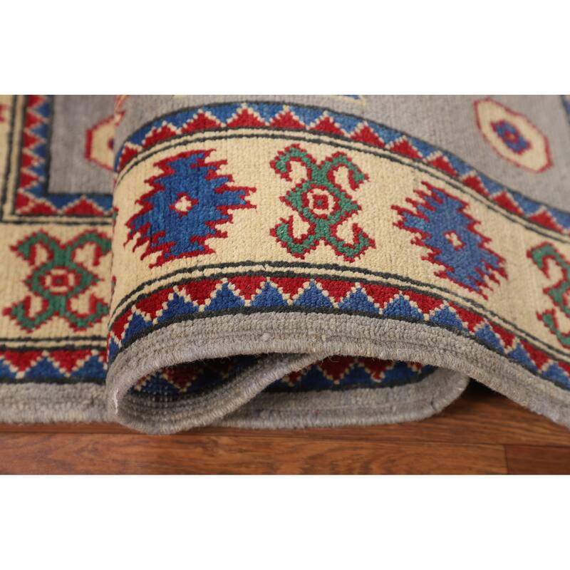 Gray Geometric Kazak Rug Handmade Foyer Wool Carpet - 2'9" x 4'1"