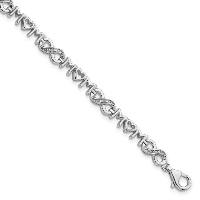 Curata925 Sterling Silver 7" 5.25mm Heart MOM Infinity Genuine Diamond Bracelet