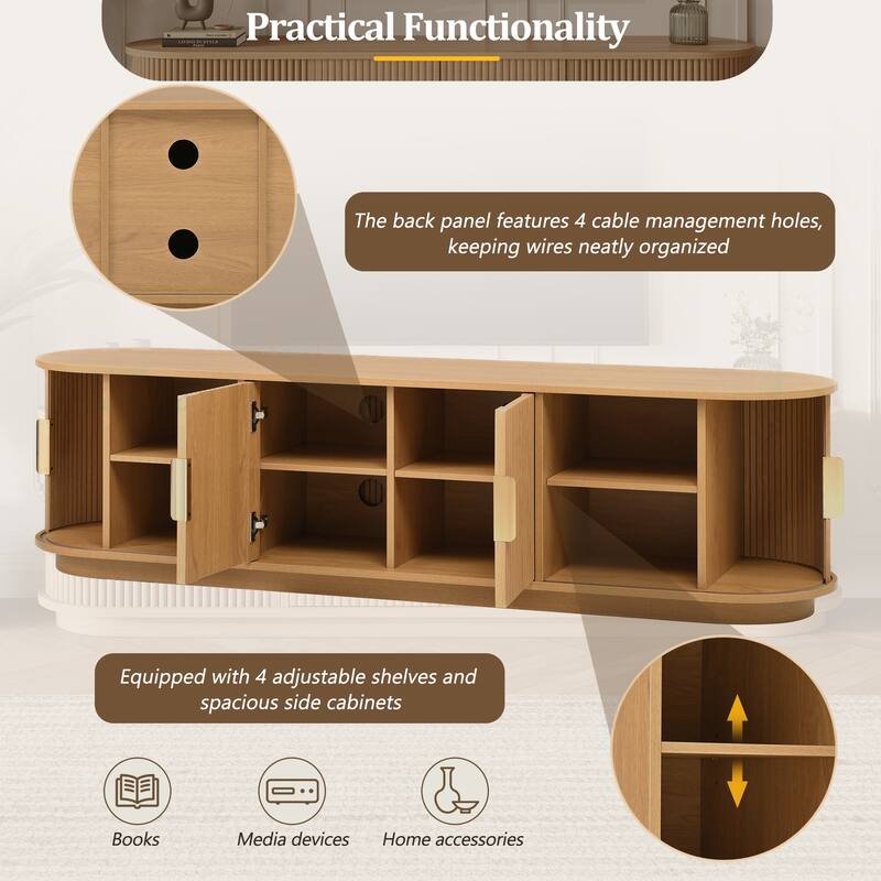 Farmhouse Wooden TV Stand with Sliding Tambour Door for TVs up to 75", Fluted Media Console with Adjustable Storage