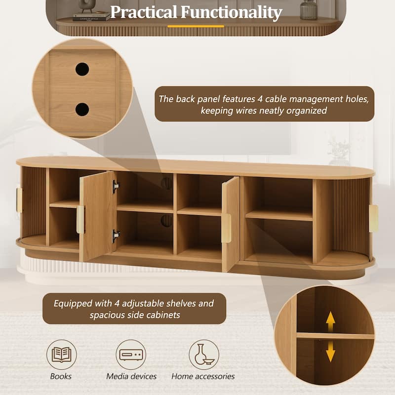 Wooden TV Stand with Sliding Tambour Door for TVs up to 75", Fluted TV Cabinet Media Console Table for Living Room