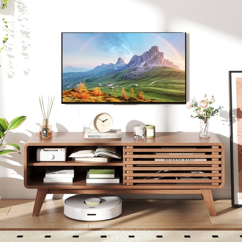 Gymax TV Stand w/Sliding Door Adjustable Shelves & Rubber Wood Legs