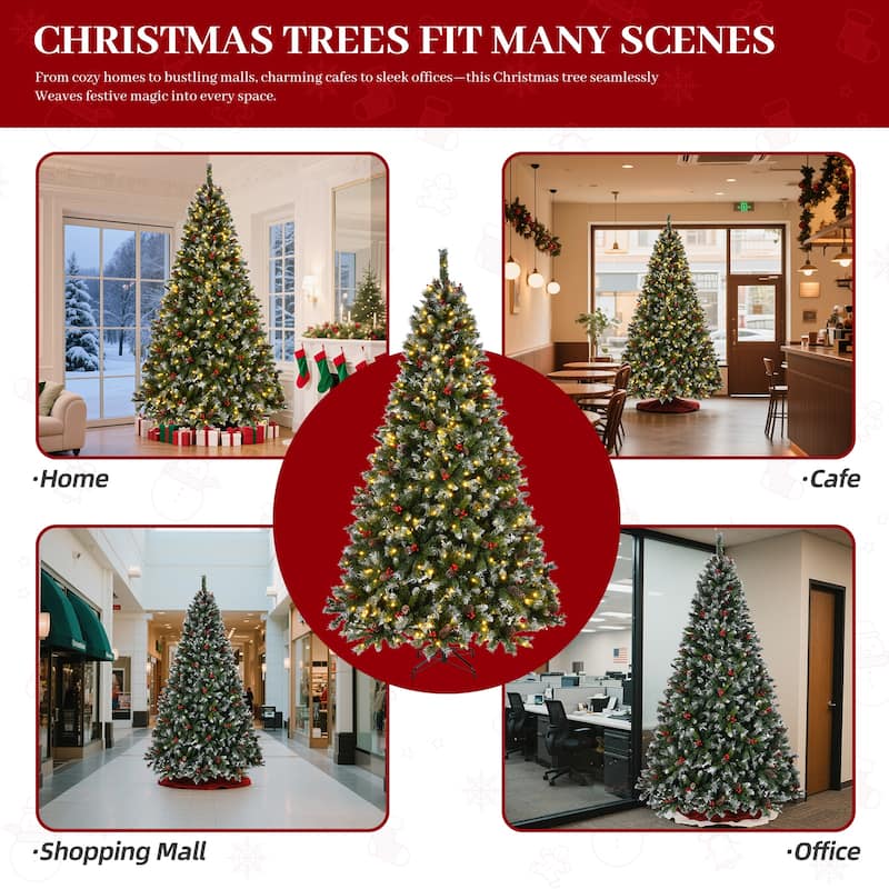9ft Pre-Lit Pre-Decorated Pine Hinged Artificial Christmas Tree with 1740 Flocked Frosted Tips, Metal Base