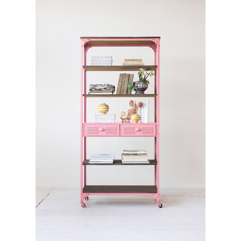 Metal and Wood 5-Tier Shelf on Wheels with 2 Drawers