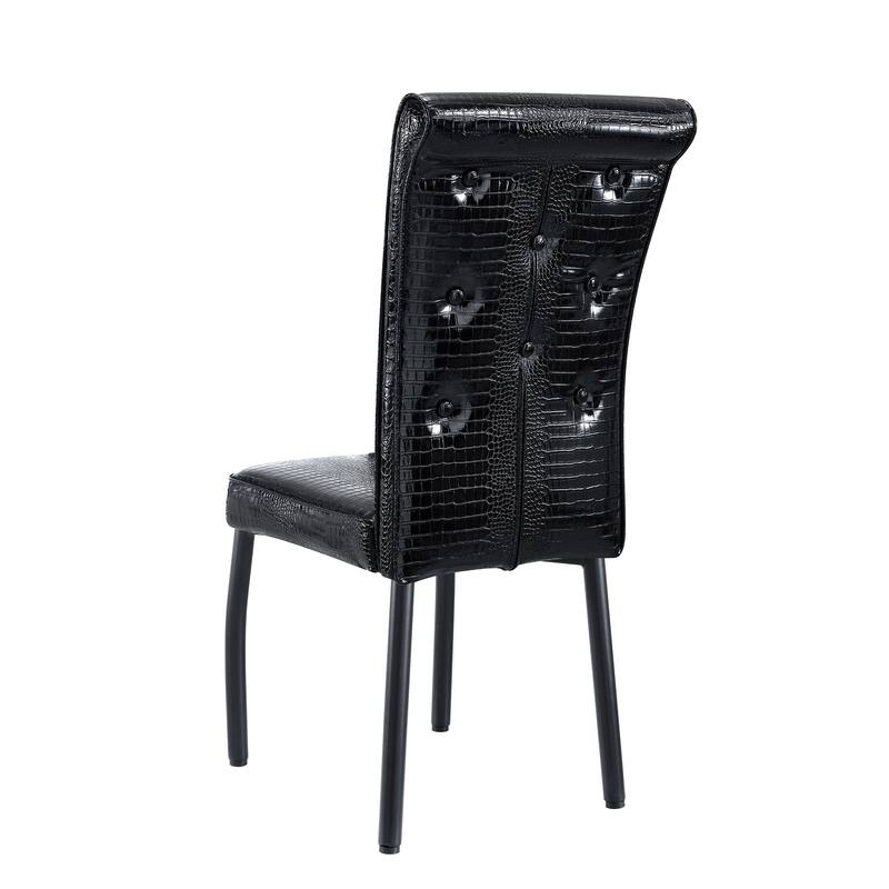 A set of 2 vintage crocodile leather cushioned dining chairs, featuring crystal clasp design and artificial leather design