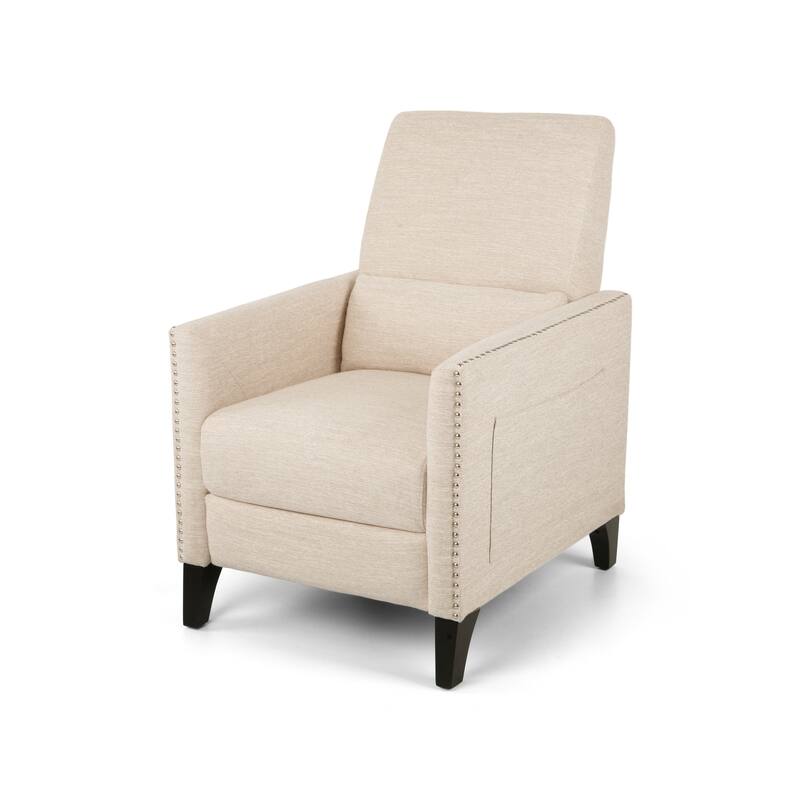 Beige Modern Fabric Push-Back Recliner with Footrest, Nailhead Accents, Birch Wood Legs